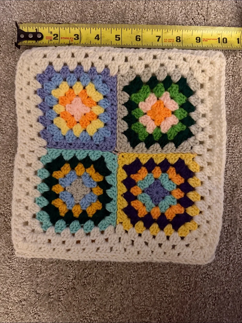 Handmade Cream Granny Square Crochet Cushion Cover with Multicolor Squares